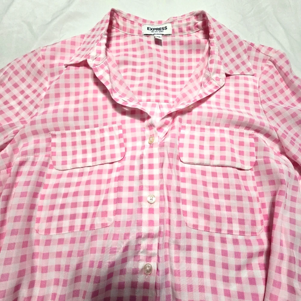 EXPRESS The City Shirt Gingham Pink/White. SIZE S/P - Picture 2 of 7